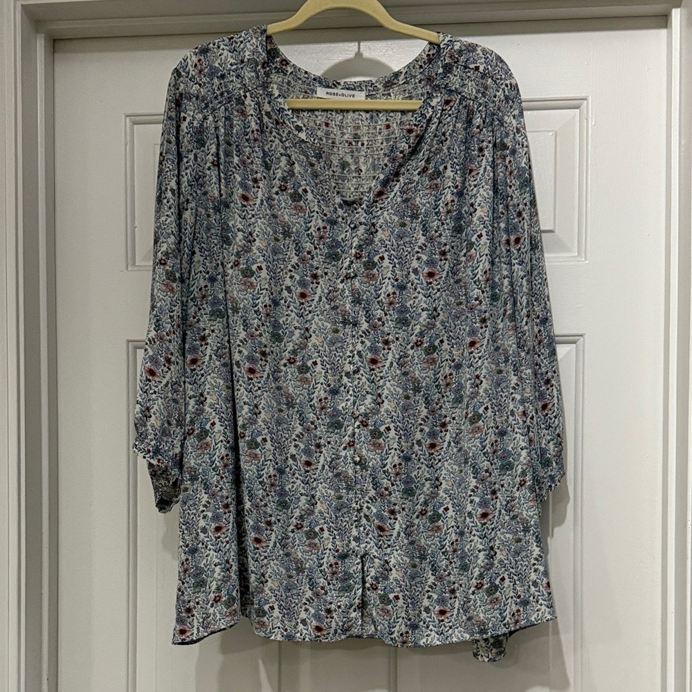 Rose & Olive Floral V-Neck Blouse - Blue and Red